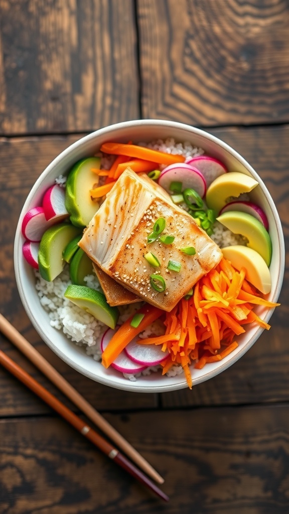 A colorful cod poke bowl with sushi rice, marinated cod, avocado, cucumber, and radishes, garnished with sesame seeds and green onions.